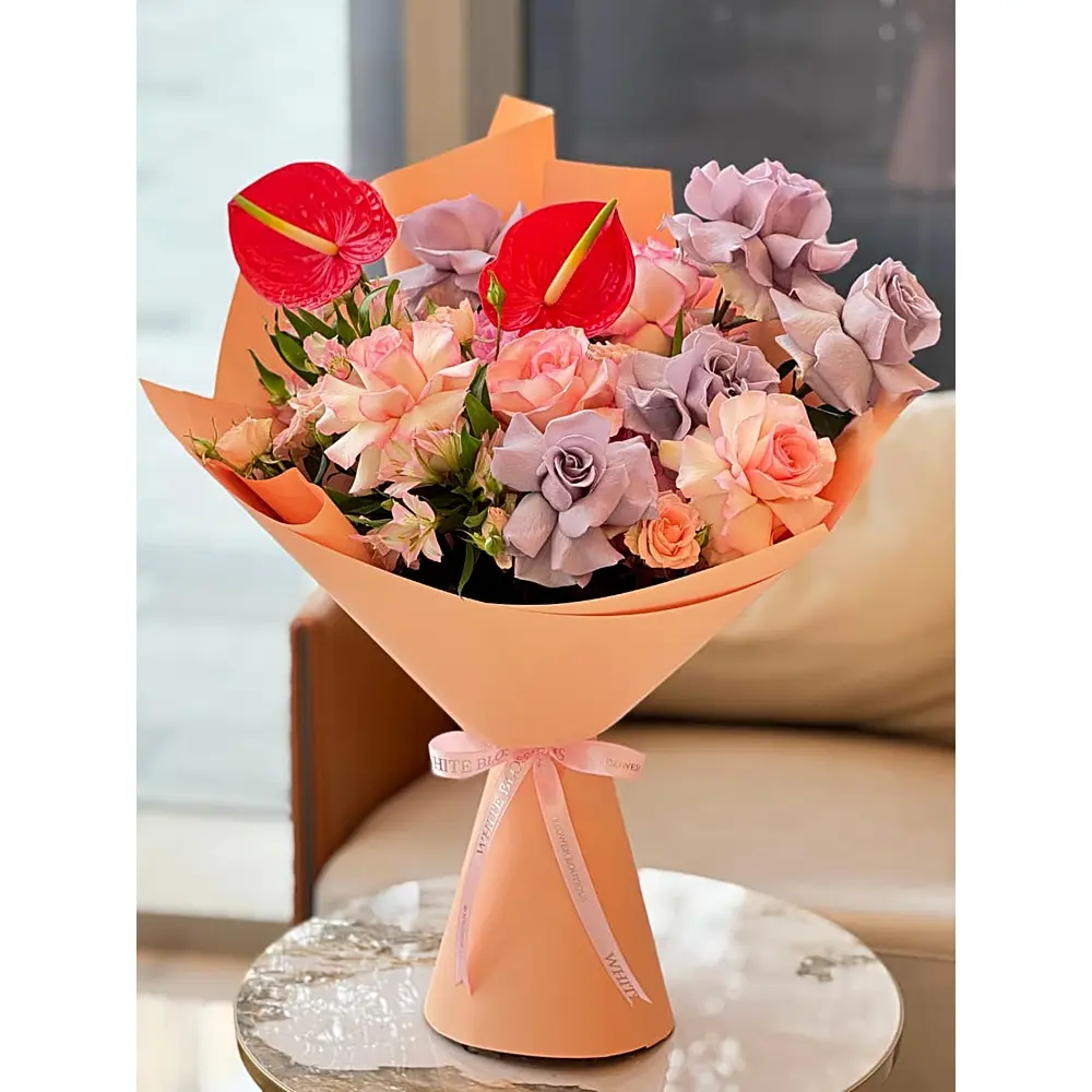 Mauve Flame Bouquet with red anthuriums and lavender-grey roses, White Blossoms flower boutique Dubai Abu Dhabi