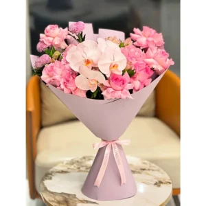 Sweetheart Bouquet with pink garden roses, blush orchids, and pink chrysanthemums, White Blossoms flower boutique Dubai Abu Dhabi