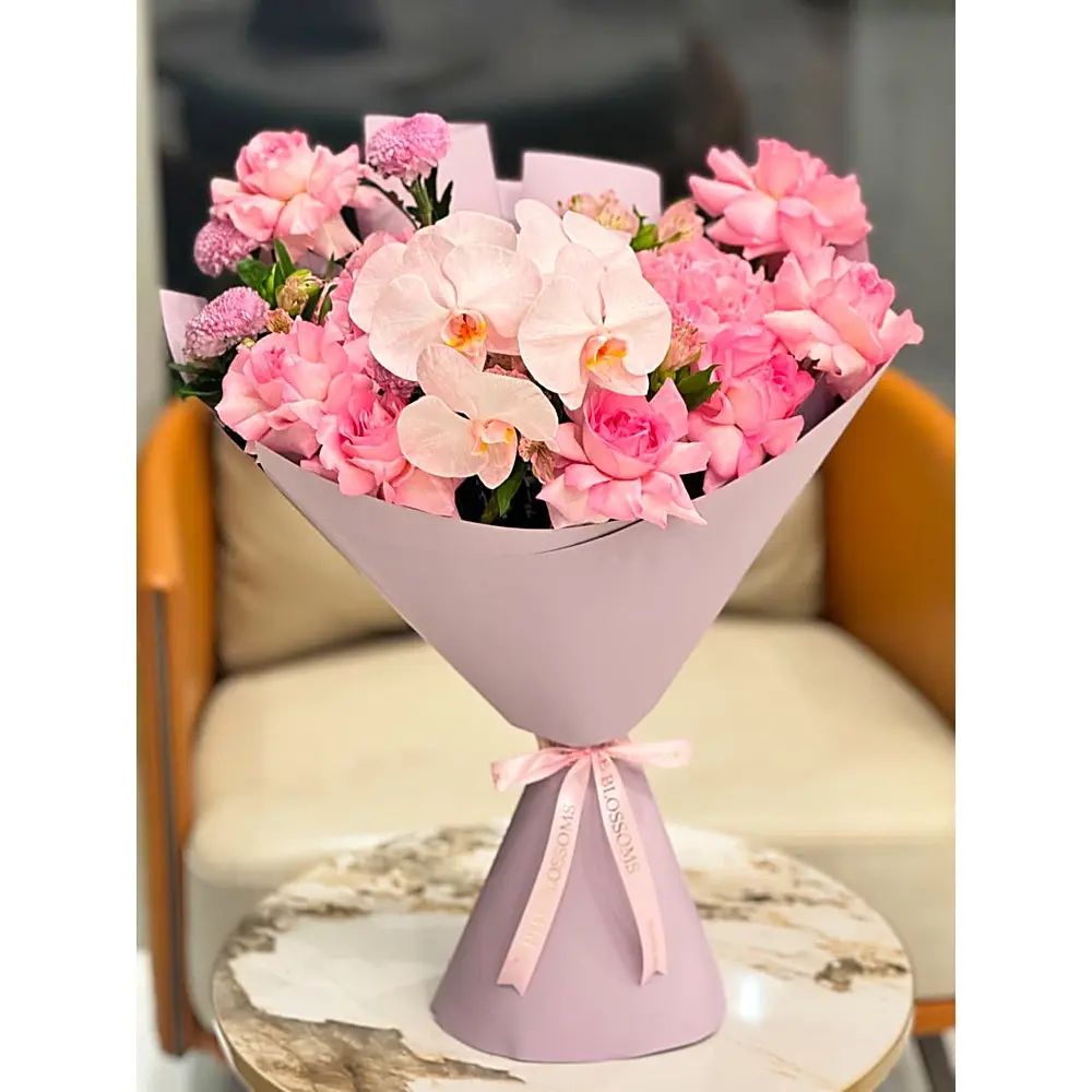 Sweetheart Bouquet with pink garden roses, blush orchids, and pink chrysanthemums, White Blossoms flower boutique Dubai Abu Dhabi