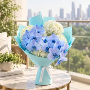 Blue raspody bouquet by whiteblossom flower boutique