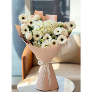Snow Daisy Bouquet with white gerbera daisies, white hydrangeas, and chrysanthemums, White Blossoms flower boutique Dubai Abu Dhabi