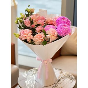 Peach Petal Bouquet with peach garden roses and fuchsia chrysanthemums, White Blossoms flower boutique Dubai Abu Dhabi