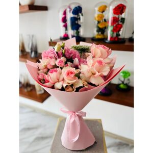 Candy Rose Bouquet with blush-edged pink roses, pink hydrangeas, and lily, White Blossoms flower boutique Dubai Abu Dhabi